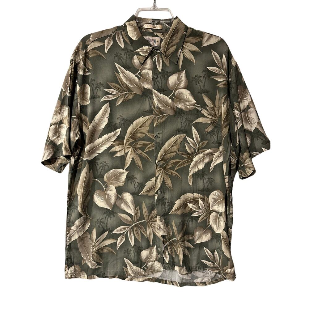 Campia Moda Hawaiian Shirt Large Tropical Flowers Floral Brown Tan Rayon summer